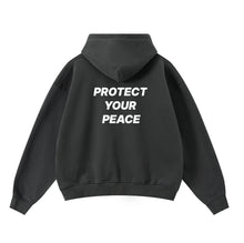 Load image into Gallery viewer, DARK GREY PROTECT YOUR PEACE ZIP-UP HOODIE
